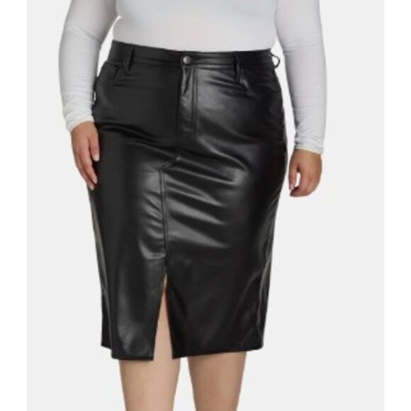 TERRA & SKY Black Faux Leather Midi Skirt Plus Size 20W High Rise Front Slit NWT - Picture 1 of 13